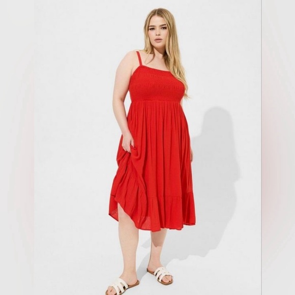 torrid Dresses & Skirts - Torrid Red Midi Washable
Gauze Smocked Bodice Tiered Dress size 2 (Fits 18-20)